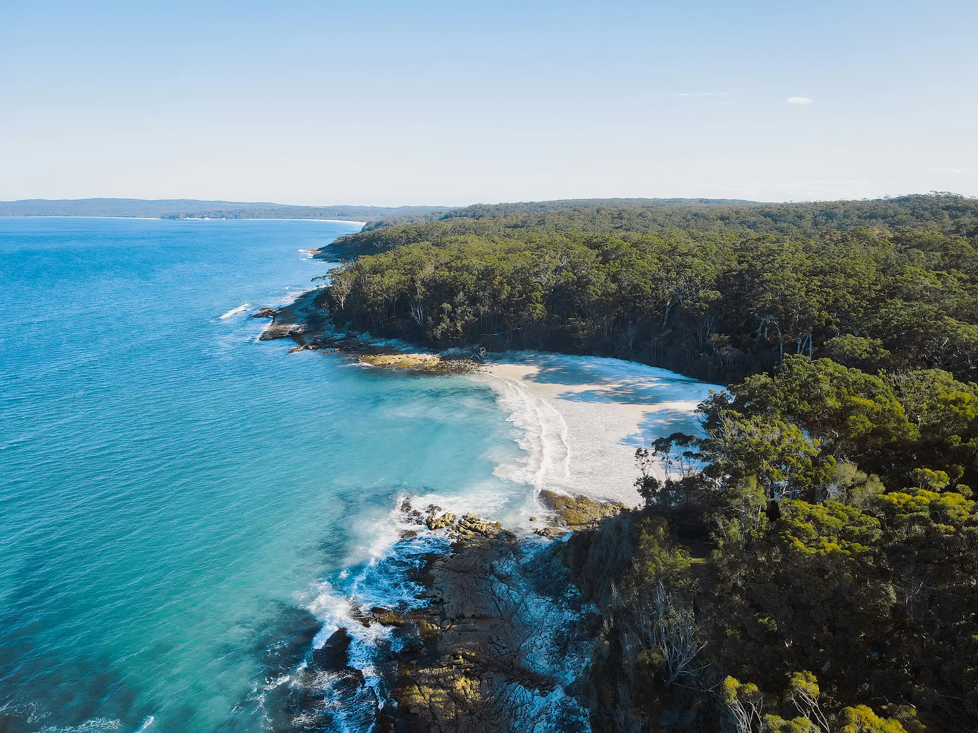 Aerial view of a Jervis Bay beach with turquoise waves gently hitting the shore, surrounded by lush green forest under a clear blue sky.